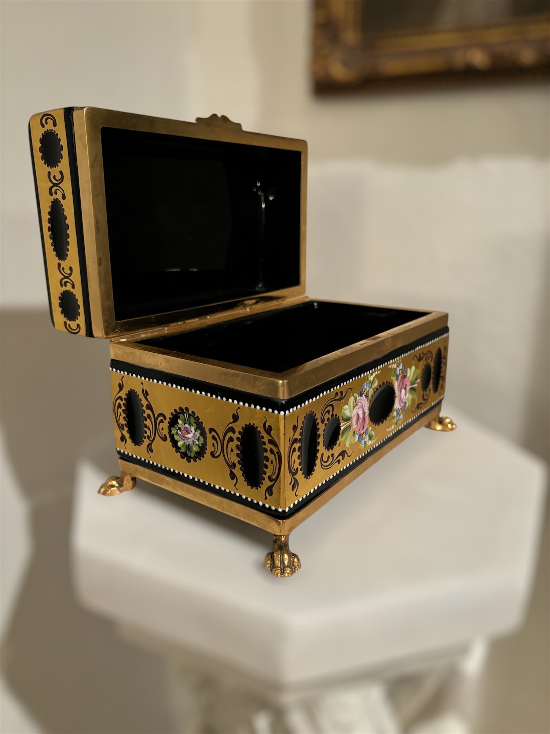 Large Murano Black Opaline 24k gold enameled and painted casket