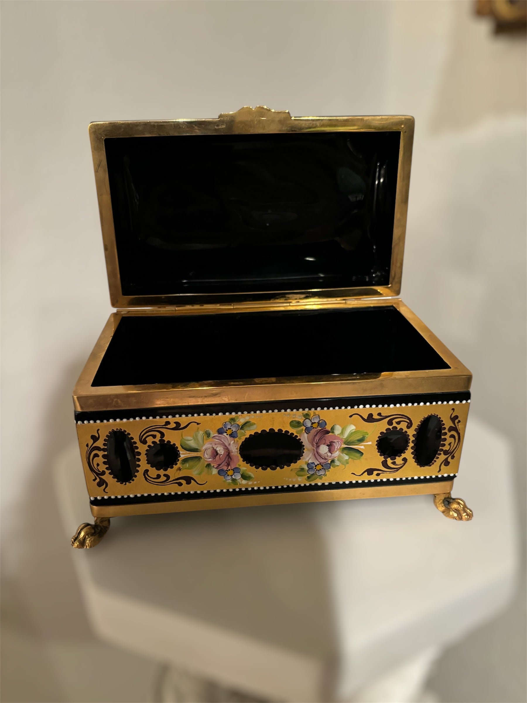 Large Murano Black Opaline 24k gold enameled and painted casket